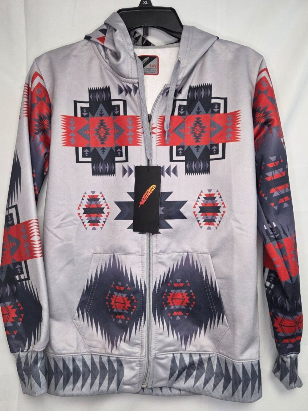 Nativo Youth Full Zip Hoodie Aztec White Geometric Sublimation Print Jacket 14Y